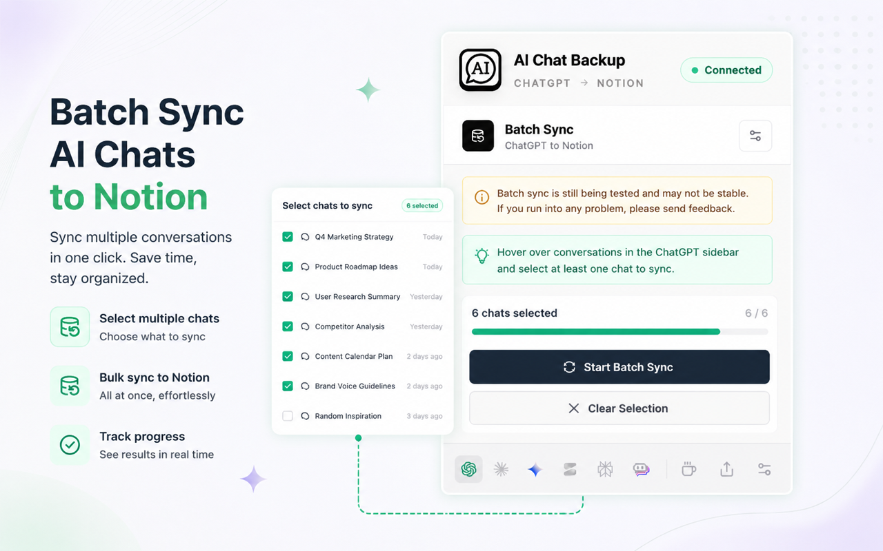 AI Chat Backup batch sync interface with six ChatGPT conversations selected for Notion